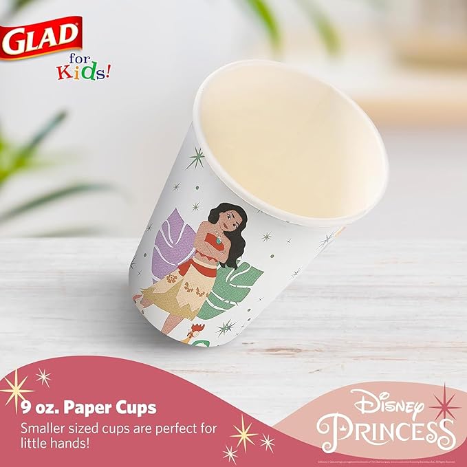 Glad for Kids Disney Princess Disposable Paper Cups for Bathroom Use and Parties, Heavy Duty Soak Proof Paper Cups for Kids, Colorful Princess Designs, 9 Ounce, 24 Count - 10 Pack