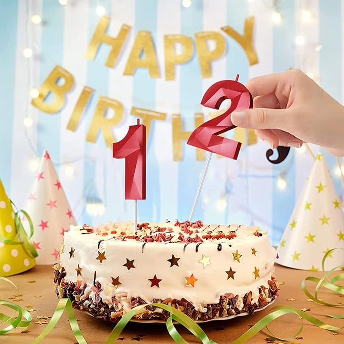 Number Birthday Candles(8 Candle Red) 3D Diamond Shape Number Happy Birthday Cake Candles for Birthday Party Wedding Decoration Reunions Theme Party