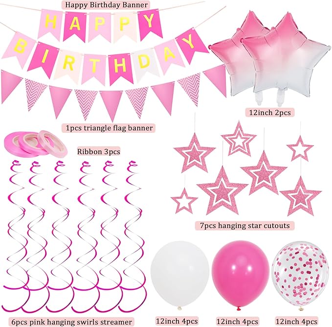 Pink Birthday Decorations, Happy Birthday Banner and Pink Star Balloons, Glitter Hanging Stars with Hanging Swirls, Bunting Banner, for Women Girls Party Decoration