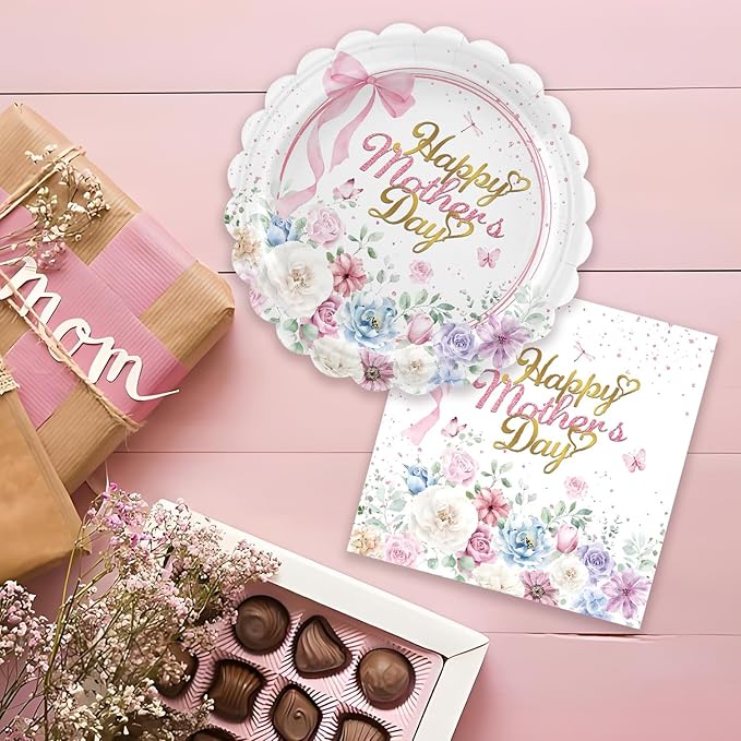 48 PCS Happy Mother's Day Paper Plates and Napkins Mothers Day Party Supplies Disposable Plates Napkins Tableware Set for Floral Theme Best Mom Mothers Birthday Party Family Dinner Table Decorations