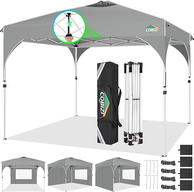 COBIZI Canopy Tent 10x10, Easy Up 10x10 Pop Up Canopy for Party Camping, Party Tents with One Push Central Button Air Vent, Outdoor Gazebo Tent with Sidewalls and Reflective Strip(Grey)