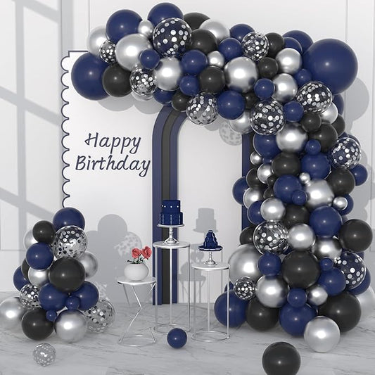 Navy Blue Black Silver Balloon Garland Arch Kit, 122PCS Night Blue Black Metallic Silver Confetti Balloos for Men Women Birthday Graduation Retirement Anniversary Engagament Celebration Decoration