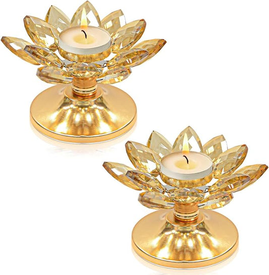 2 PCS Gold Crystal Flower Tea Light Holder, Glass Tealight Candlestick with Metal Base, Votive Candle for Table Centerpiece, Wedding/Parties Decor, Nice Gift