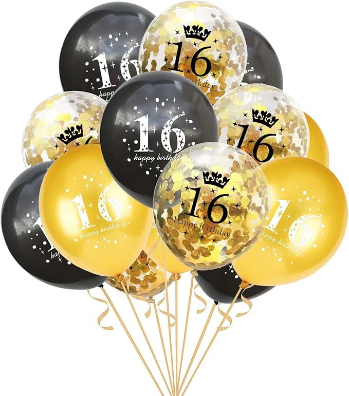 SHUNTAI 16 Birthday Balloons Gold and Black 16th Birthday Decorations Latex Confetti Balloon for 16 years old Anniversary Happy Birthday Party Supplies 12 Inch 15 Pack