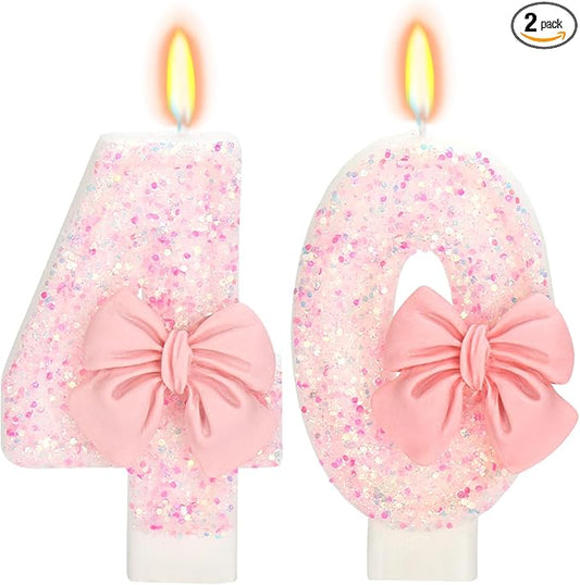 40th Birthday Number Cake Candles, Pink Bow, 2.76 inch, 2 Pack, Modern Style, Smokeless, Non-Toxic, Birthday Decoration