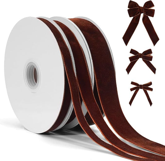 Brown Velvet Ribbon for Gift Wrapping, 3 Rolls Vintage Thin Velvet Ribbon Set for Christmas Tree Decoration, 3/8, 5/8, 1 inch Wide, 30 Yards Totally, Thick Christmas Ribbons for Bow Ornaments