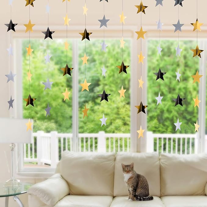 Patelai 130 Feet Glitter Star Garland Banner 2026 Party Decoration Double Side Star Hanging String Streamer Paper Twinkle for Graduation Wedding Birthday (Gold and Silver)