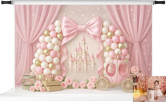 Kate Pink Castle Bow Backdrop for Kids Birthday Party Balloons Princess Carriage Home Decoration Cake Smash Background Photo Booth Props 10x6.5ft