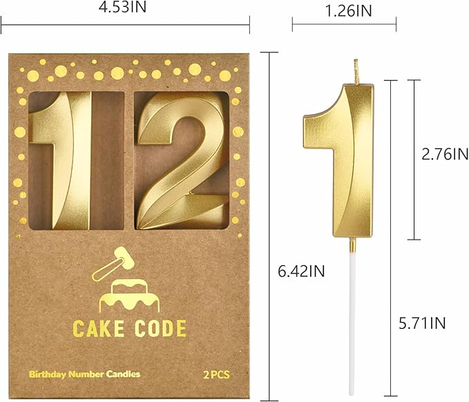 2.76 Inch Diamond Gold 12 Number Birthday Candles, Gold Number Candles, Cake Number Candles, Party Celebration