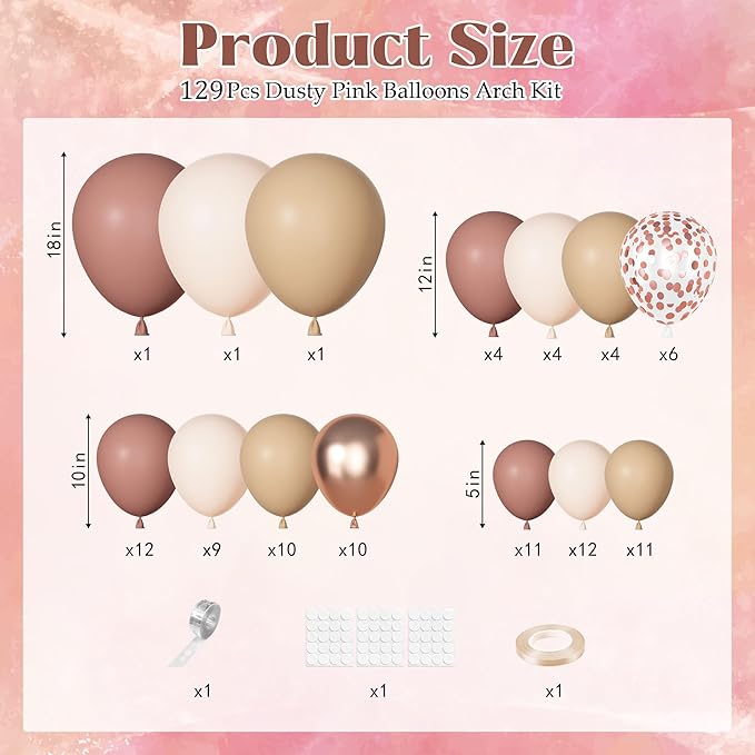 Ouddy Party Neutral Pink Brown Nude Balloons Garland Arch Kit, Different Sizes 18 12 10 5 Inch Beige Tan Dusty Rose Blush Pink Latex Confetti Balloon for Birthday Baby Shower Wedding Party Decorations