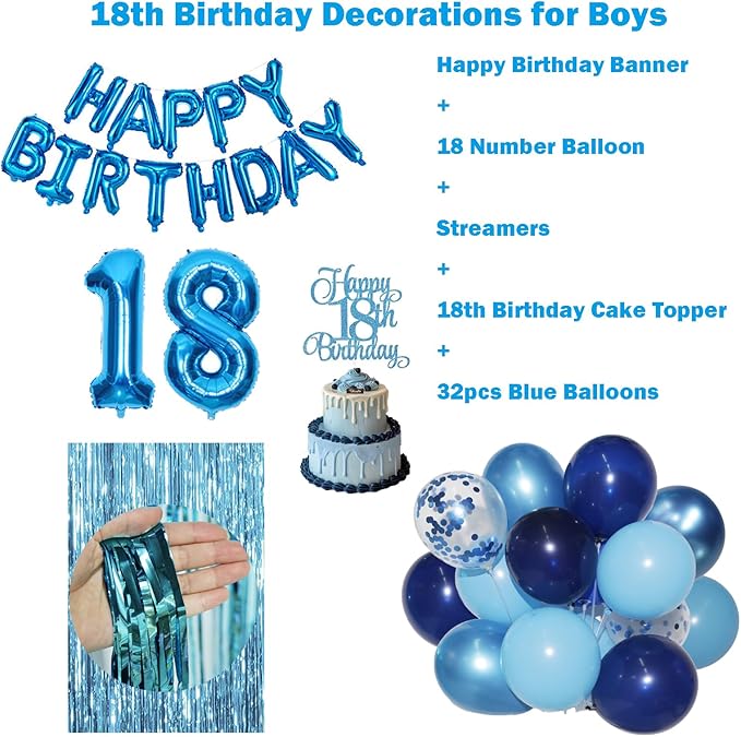 18th Birthday Decorations for Boys 18th Birthday Balloons 18 Cake Topper Happy Birthday Banner Blue Streamers Happy 18th Birthday Decorations