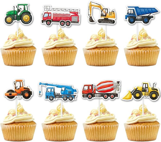 WERNNSAI 40 Pcs Construction Cupcake Toppers - Construction Birthday Party Supplies Truck Excavator Cake Toppers Picks for Kids Birthday Baby Shower Party Supplies