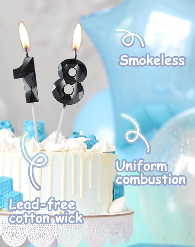 Number 18 Candles,18th Birthday Candles,Black Happy Birthday Candle for Cake,3D Design Cake Topper Decorations for Boy Men Pet Birthday Party Wedding Anniversary Celebration Supplies
