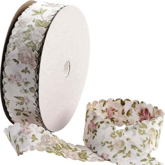 20 Yards Flower Print Ribbon White Spring Summer Floral Pattern Polyester Ribbon Vintage Wavy Edge Ribbons Bulk with Spool for Sewing Making Craft Bouquet Home Decor Wedding DIY Christmas