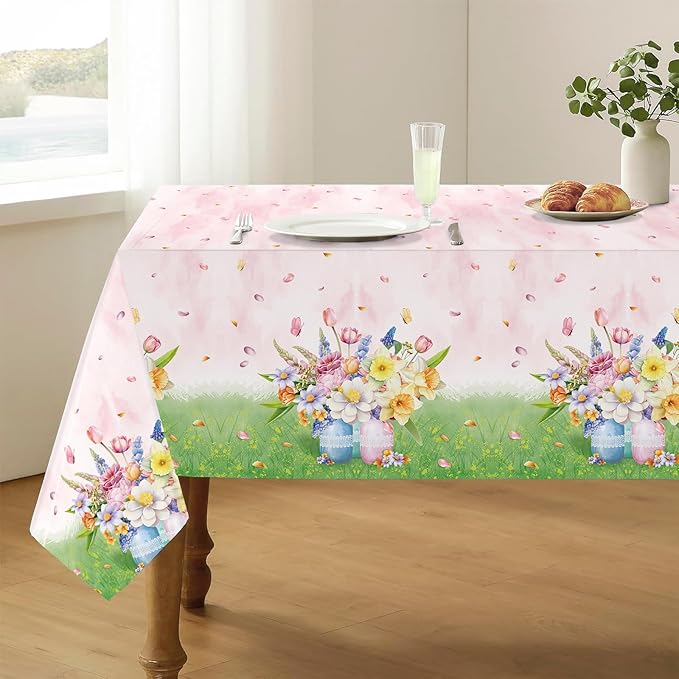Floral Tablecloth, Pink and Green Garden Design, 2 Pack, Disposable Party Table Covers