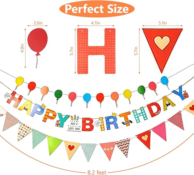 Colorful Happy Birthday Banner, Birthday Decorations Hanging Birthday Sign with Balloon Letter Triangle Bunting Flags, Rainbow Hanging Garland for Women Kids Baby Shower Party Supplies