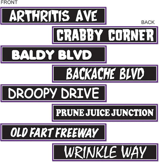 Beistle 4-Pack Over-The-Hill Street Sign Cutouts, 4" X 24"- Printed 2 Sides in Black White and Purple for Happy Birthday Parties