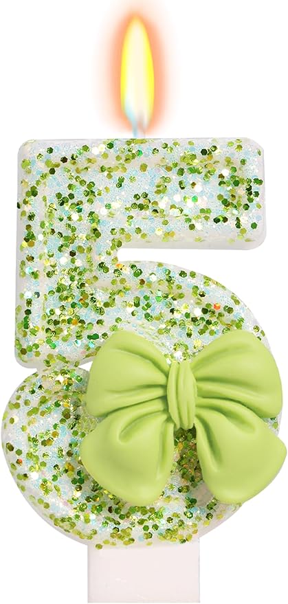 Birthday Candle for Cake, Green Bow Number Cake Candles, 2.76 inch Cake Topper Decoration for Birthday Party (Number 5)