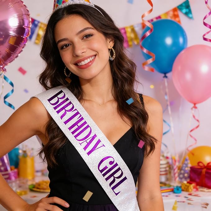 Birthday Sash for Girl, Purple Foil Letter Glitter White Birthday Girl Sash for 10th 11th 13th 16th 18th 21st Bday Gifts Party Suppiles Favors