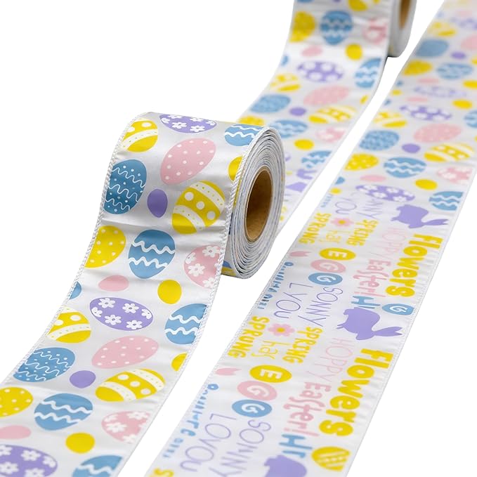 Meseey 2 Rolls Easter Ribbon, 2.5 Inch x 5 Yards Pastel Easter Egg & Happy Easter Wired Ribbon, Decorative Ribbon for Wreaths, Gift Wrapping, Easter Baskets, Crafts, Spring Party Decorations