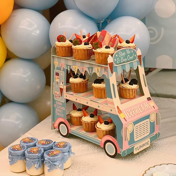 3 Tier Cupcake Stand Ice Cream Van Stand Cars Display Stand Bus Cupcake Cake Stand Truck Paper Cupcake Holder for Kids Birthday Party Decorations (Blue car)