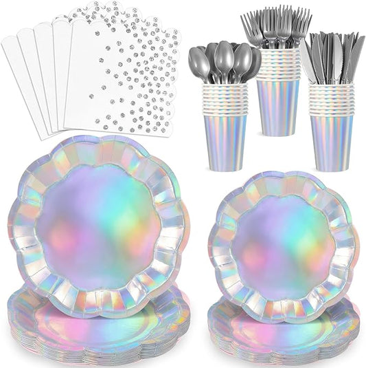 175 Pcs Iridescent Plates and Napkins Set, 25 Guest Iridescent Party Supplies Include Scalloped Plate Napkin Cup Forks Knives Disposable Plastic Cutlery for Birthda Bridal Wedding Disco