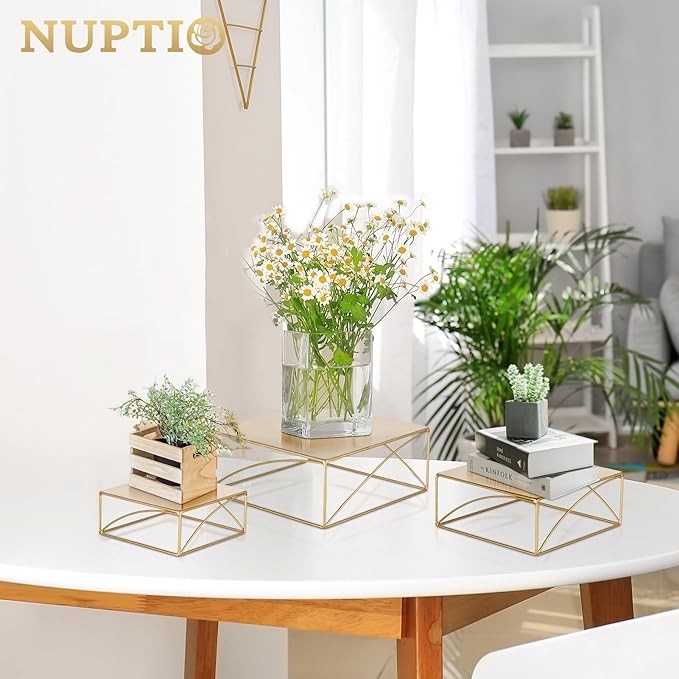 NUPTIO Cake Stand Dessert Display: Gold Cupcake Stands Set of 3 Metal Food Risers for Buffet Table Pedestal Serving Tray for Wedding Anniversary Reception Ceremony Modern Plant Stand 8 10 12 Inch