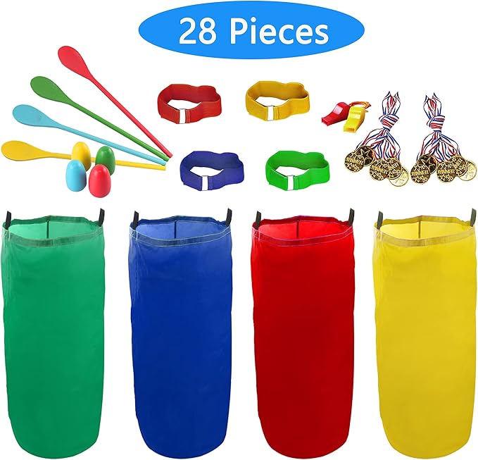 28PCS Potato Sack Race Bags, Egg and Spoon Race,Carnival Games 3-Legged Relay Race Bands, Outdoor Games for Kids and Adults (with Game Prizes & Whistles), Outside Yard Lawn Birthday Party Games