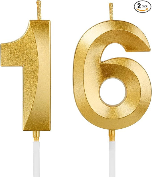 Birthday Candles, 1.96 Inch Number 16 Happy Birthday Candles, Number Candles Decoration for Birthday Party and Anniversary Celebration(Champagne Gold)