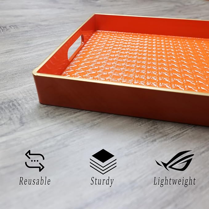 Orange Decorative Coffee Table Tray, Rectangular Plastic Serving Tray with Handles for Living Room, Ottoman, Bathroom, 15.7"*10.2"