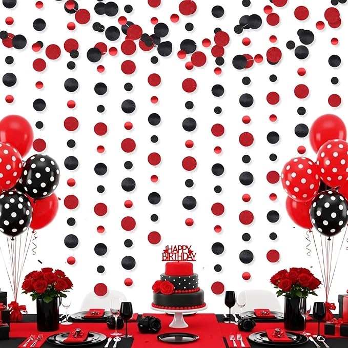 Outus 5 Pieces Black,Red Round Dots Garland Graduation Party Hanging Decor Each Length 13.1ft Glitter Paper Dot Streamers for Birthday Wedding Classroom Supplies