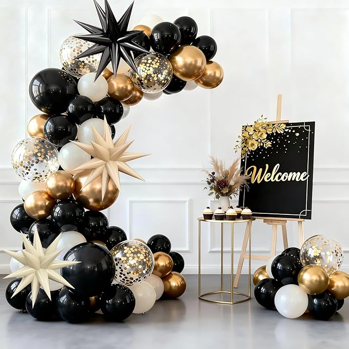 Black White Gold Balloons Arch Kit,Black Beige Sand White Chrome Gold Confetti Balloons Garland Kit with Exploding Star Balloons for New Year Graduation Retirement Birthday Wedding Party Decorations