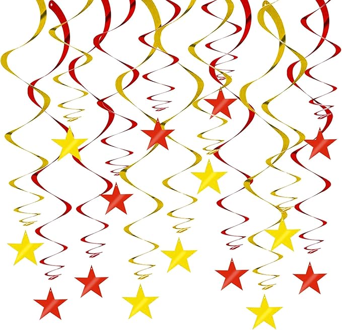 BEISHIDA Red Gold Star Hanging Swirl Ceiling Hanging Decorations for Happy New Year 2026 Party Spring Festival Chinese Lunar Valentine Graduation Birthday Wedding Decorations, Pack of 15