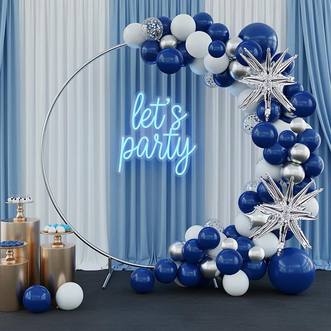 RUBFAC Blue and Silver Balloon Arch Kit, Navy Blue Silver White Graduation Balloons, 140pcs Confetti Star Latex Balloons for Birthday Wedding New Year Party Decorations
