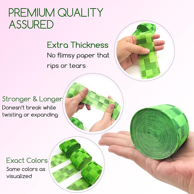 Green Crepe Paper Streamers Party Decorations 12 Rolls 984ft Green Pixel Miner Crepe Paper Streamers for Mining Gaming Theme Party Baby Shower Graduation Wedding DIY Backdrop 1.8 Inch x 82 Ft/Roll