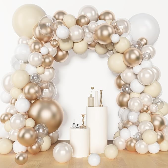 Amandir 153 Pcs White Sand Metallic Champagne Gold Balloons Arch Garland Kit Different Sizes 18 12 10 5 Inch Pearl White Clear Beige Neutral Balloons Baptism Birthday Bridal Shower Wedding Decorations