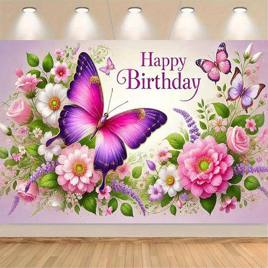 Happy Birthday Banner Elegant Butterfly and Floral Garden Design Soft Pastel Color Wall Hanging for Birthday Party Celebration Home Decoration 70.87 x 43.31 Inch