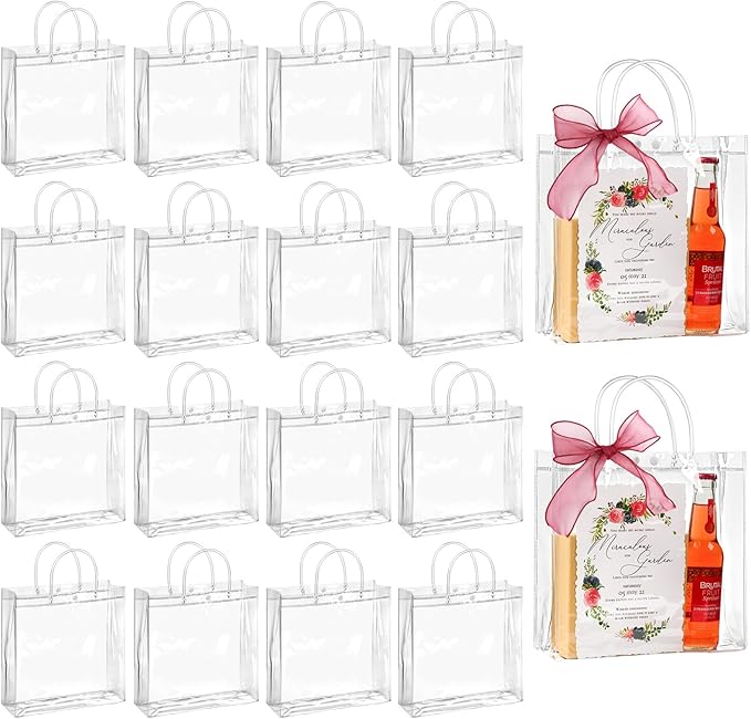 Jutieuo 20 PCS Clear Gift Bags with Handles, 9.8 x 9.8 x 3.5 Inches Reusable Plastic Goodie Bag Transparent Party Favor Bags Bulk for Weddings Birthdays Events, Classrooms & Celebrations