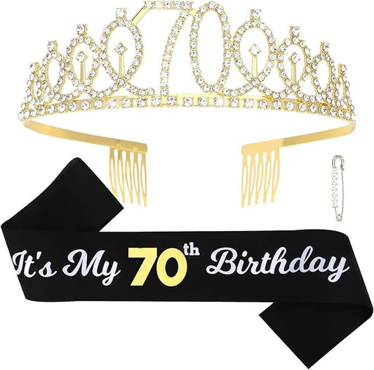 CAVETEE Gold Birthday Crown and Tiara for Women, Sash for Girls - Birthday Party Decoration