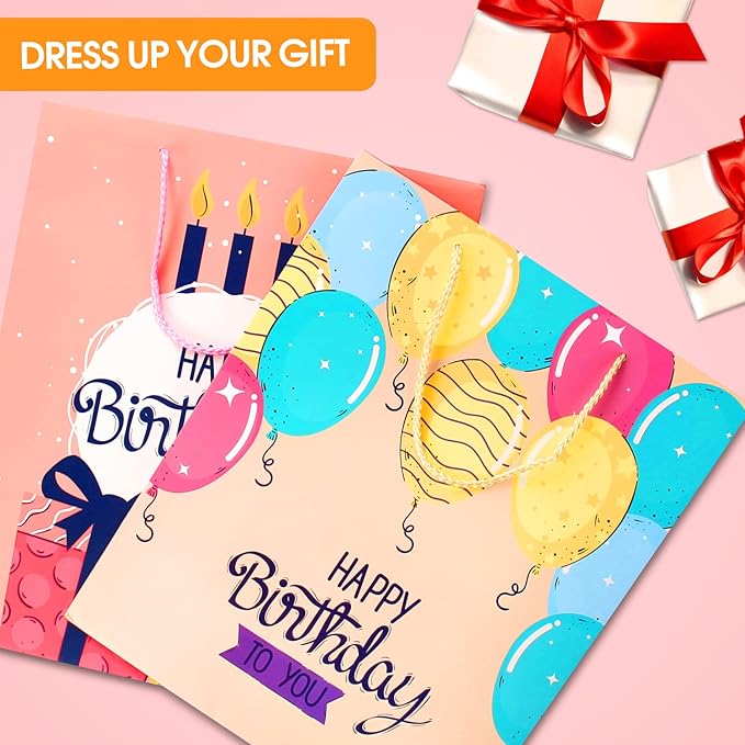 Large Birthday Gift Bags Set - 2 Pack Pink Gift Bags With Tissue Paper and Handles for Girls, Women, Her - Happy Birthday Gift Wrap