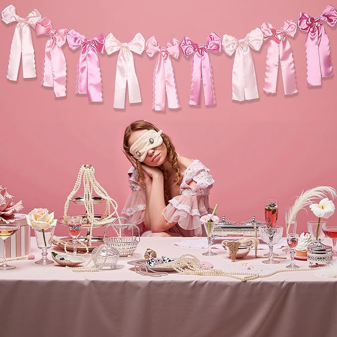 VitalCozy Pink Bow Garland Decor for Coquette Party Decorations, Pre-Strung Pink Satin Ribbon Birthday Party Garland Bow Banner for Valentine Bridal Shower Bachelorette Wedding Birthday Engagement