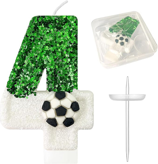 Birthday Candles，Soccer Birthday Decorations，Soccer Cake Topper,for Girl and boy Cake Toppers, Wedding Cakes, Anniversaries, Party Celebrations, Birthday Decorations (Green White, Number 4)