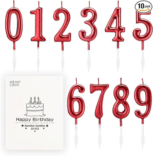 Beanlieve Red Numeral Birthday Candles - Cake Numeric Candles Number 0 1 2 3 4 5 6 7 8 9,Used for Cake Decoration on Birthday Parties and Wedding Anniversary Celebrations(10 Pieces)