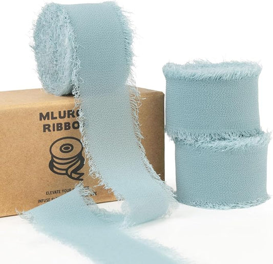 Haze Blue Chiffon Ribbon - 1 Inch x 21 Yards, Handmade Fringe, Silk, Boho Frayed, Gift Wrapping, Wedding Invitation, Bridal Flower Bouquets