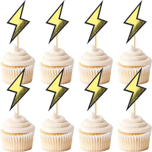 Ercadio 24 Pack Lightning Cupcake Toppers Glitter Black Yellow Cupcake Picks Smiley Assorted Cake Racing Car Theme Party For Girls Baby Shower Birthday Party Cake Decoration Supplies