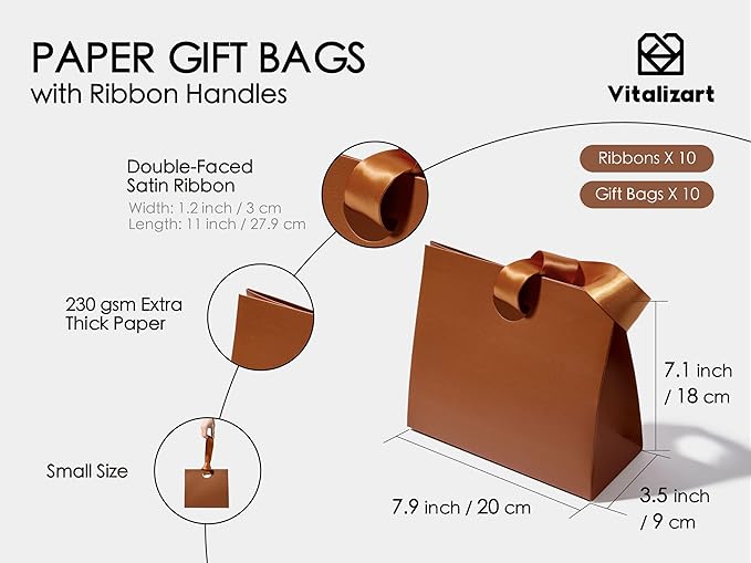 Vitalizart Paper Gift Bags With Ribbon Handles Set of 10 Brown Bulk Reusable For Gift Wrap Girls Kids Birthday Bridal Shower Party Favors Goodie Bags Candy Toys Christmas 7.87"x3.54"x7.09" Small Size
