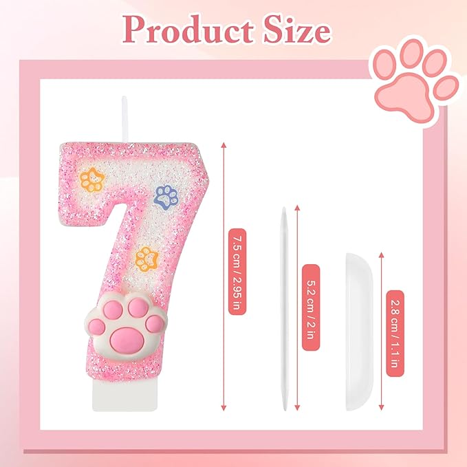 AKURIEEY Dog and Cat 7th Birthday Candle Pink Numbers 7 Candle Paw Cake Topper Cupcake Decorations for Pet Theme Party Decor Anniversary Celebrations Supplies