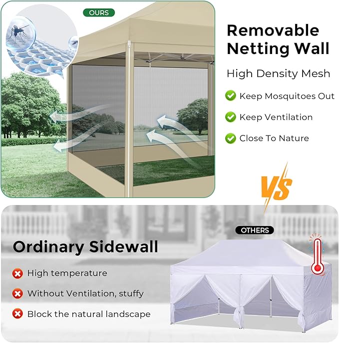 COBIZI 10x30 Heavy Duty Pop Up Canopy Tent with 8 Sidewalls, Easy Set Up Outdoor Waterproof Screen Commercial Party Tent with Mosquito Netting for Parties Backyard Patio, Roller Bag, Khaki