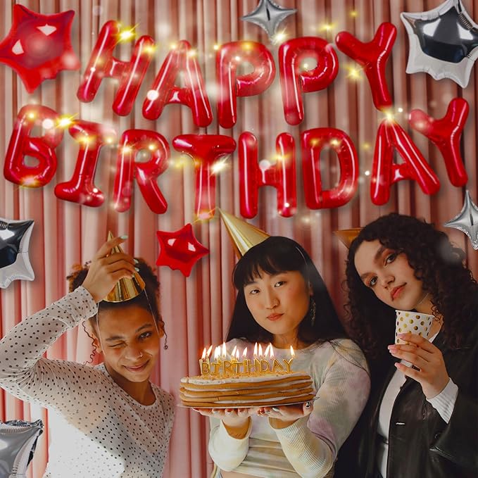 CANREVEL Happy Birthday Banner 13pcs 16 Inch Mylar Foil Letters Sign Balloons with LED Lights Birthday Party Decorations for Kids and Adults - 3D Red