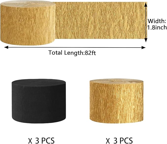 Black Gold Crepe Paper Streamers 1.8 Inch Widening 6 Rolls, 82 Feet per Roll for Birthday, Baby Shower, Wedding Black Gold Party Decorations